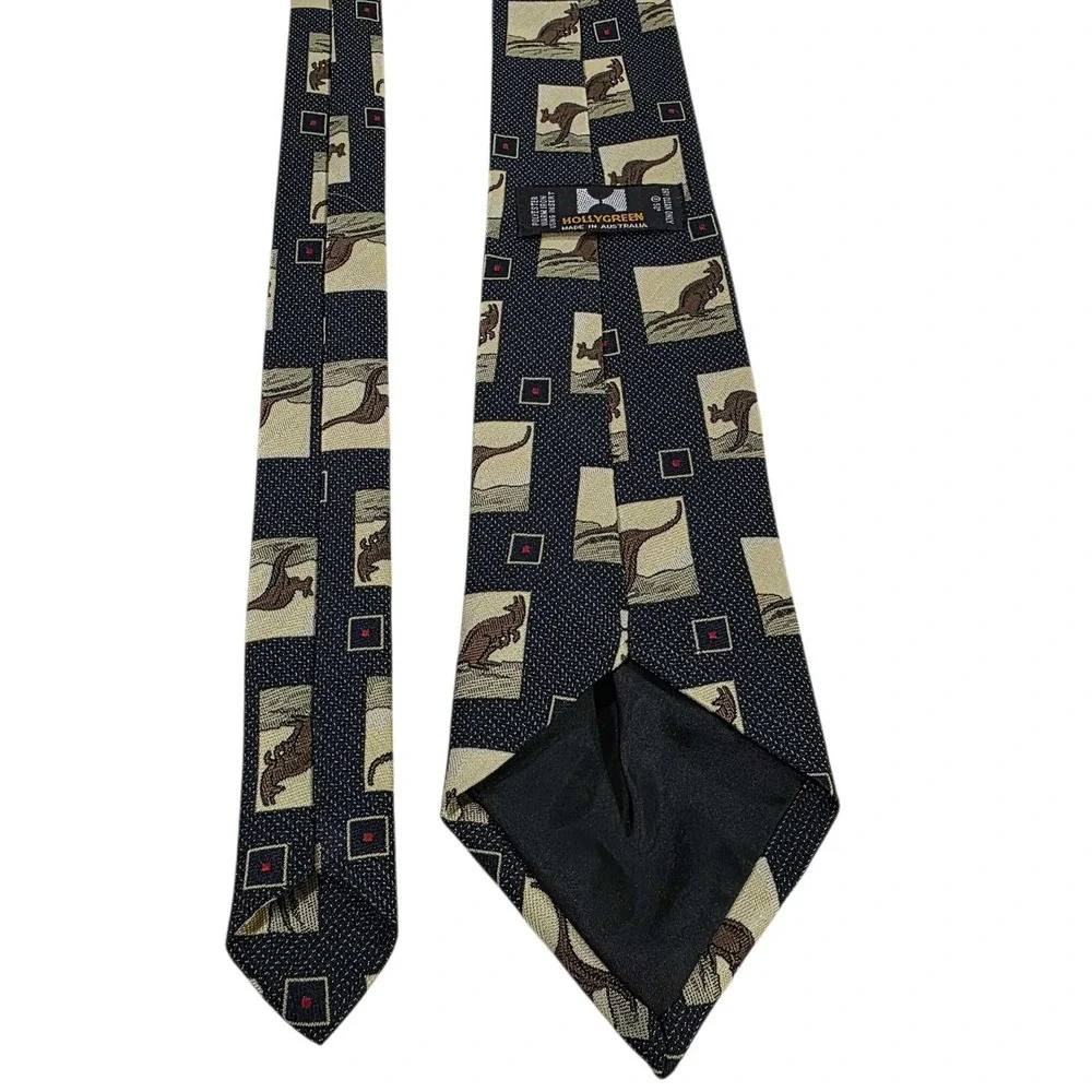 HOLLYGREEN Australia Mens Kangaroo Print Silk Necktie Black Beige Novelty‎